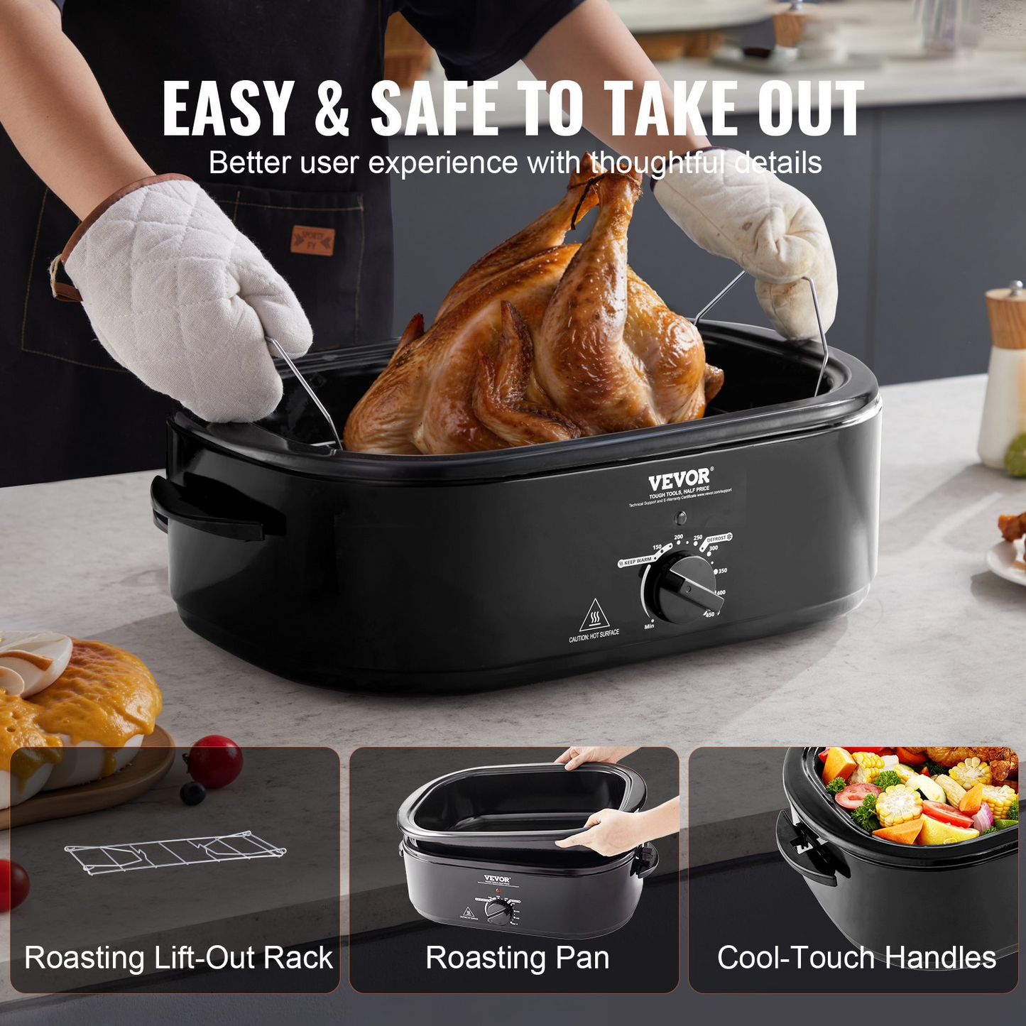 VEVOR 24 QT Electric Roaster Oven, 1450W, Self-Basting Lid, Defrost & Warm Functions - Perfect for Cooking Turkey and More
