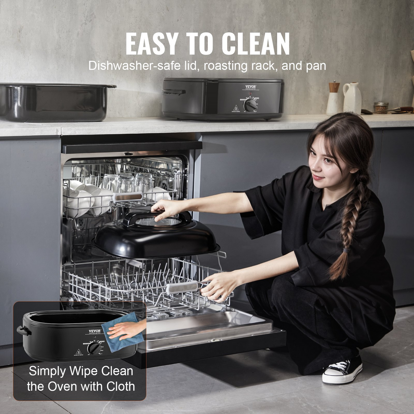 VEVOR 24 QT Electric Roaster Oven, 1450W, Self-Basting Lid, Defrost & Warm Functions - Perfect for Cooking Turkey and More