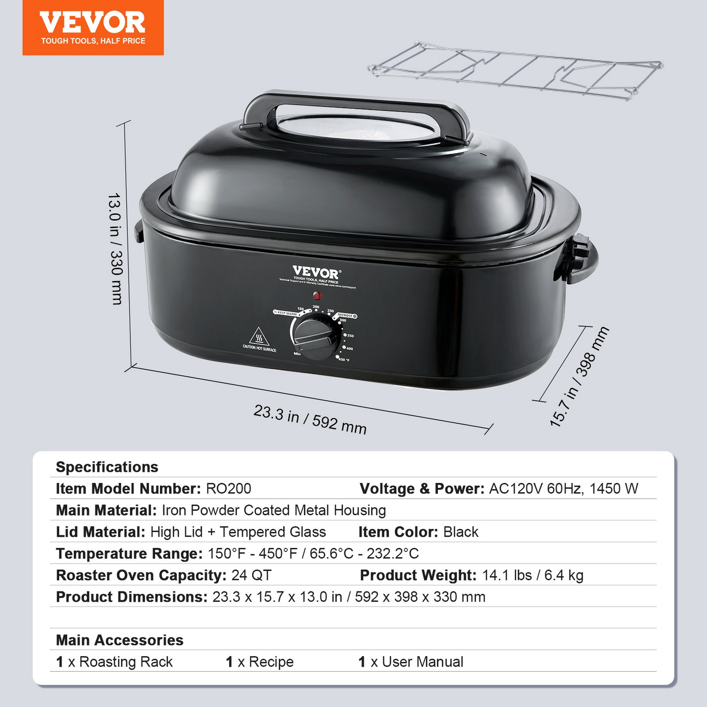 VEVOR 24 QT Electric Roaster Oven, 1450W, Self-Basting Lid, Defrost & Warm Functions - Perfect for Cooking Turkey and More