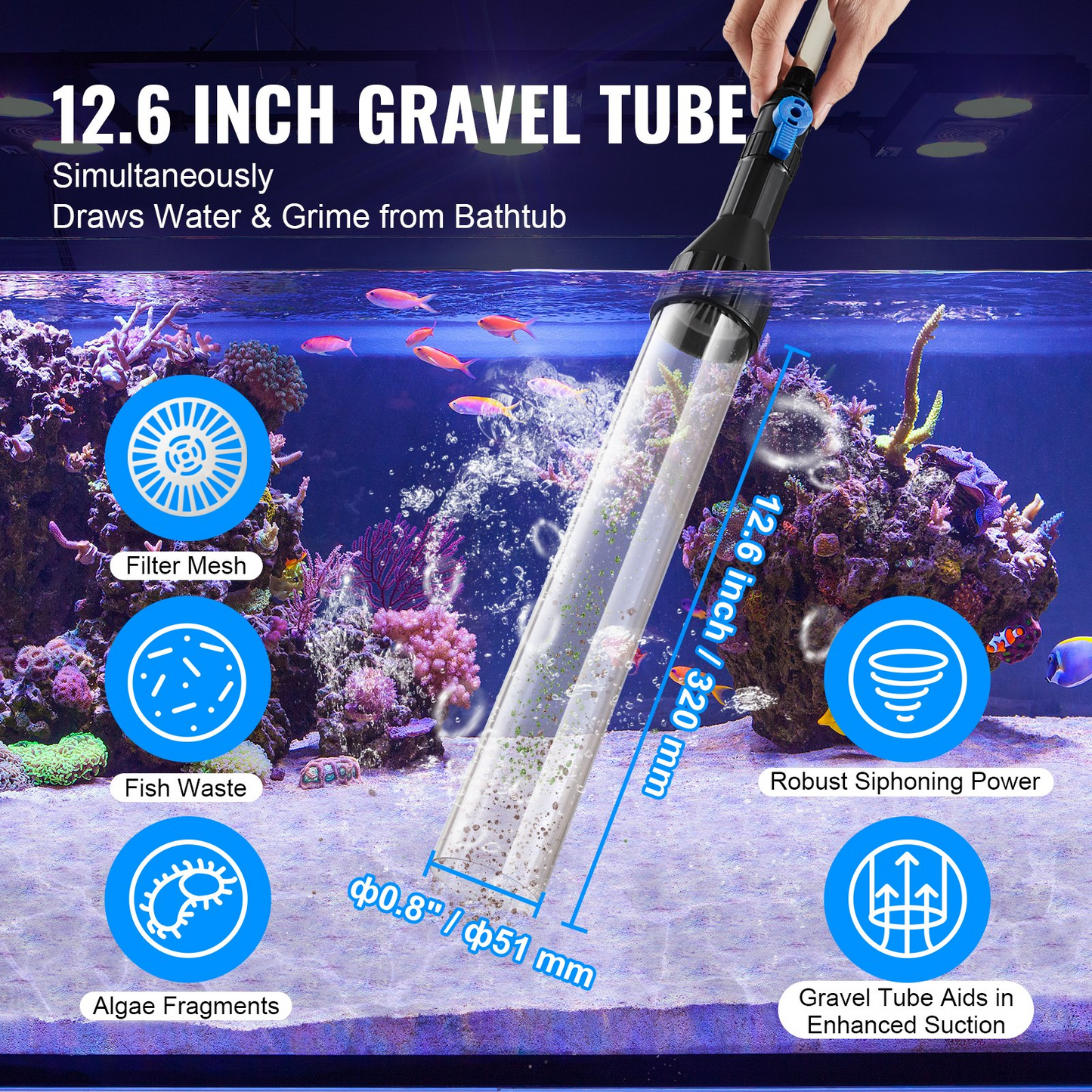 VEVOR Aquarium Gravel Cleaner - 30ft Flexible PVC Hose with Multi-Functional Adapters for Efficient Fish Tank Cleaning