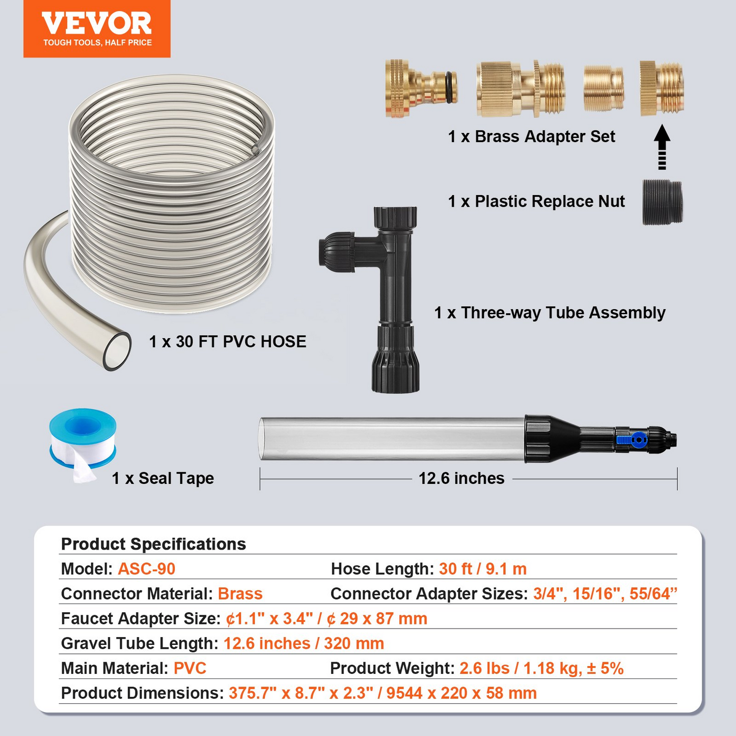 VEVOR Aquarium Gravel Cleaner - 30ft Flexible PVC Hose with Multi-Functional Adapters for Efficient Fish Tank Cleaning