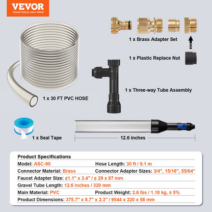 VEVOR Aquarium Gravel Cleaner - 30ft Flexible PVC Hose with Multi-Functional Adapters for Efficient Fish Tank Cleaning