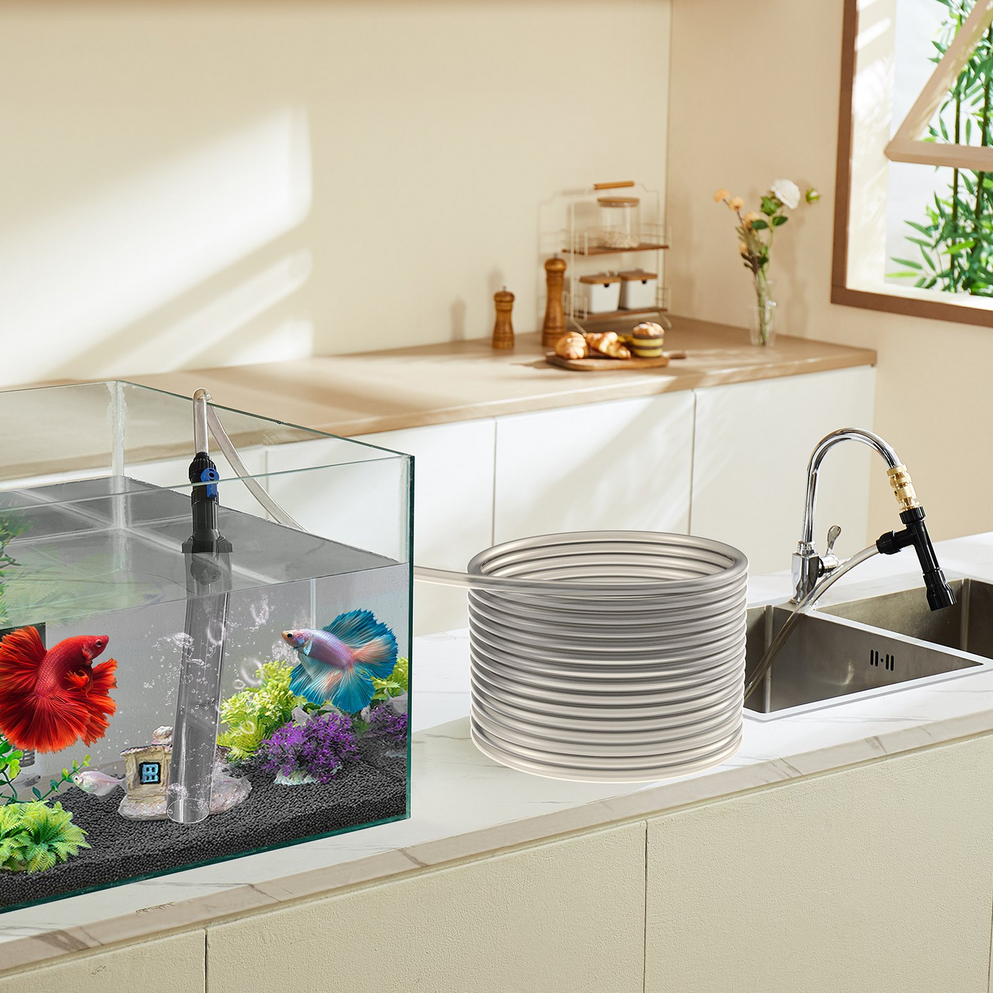VEVOR Aquarium Gravel Cleaner - 30ft Flexible PVC Hose with Multi-Functional Adapters for Efficient Fish Tank Cleaning