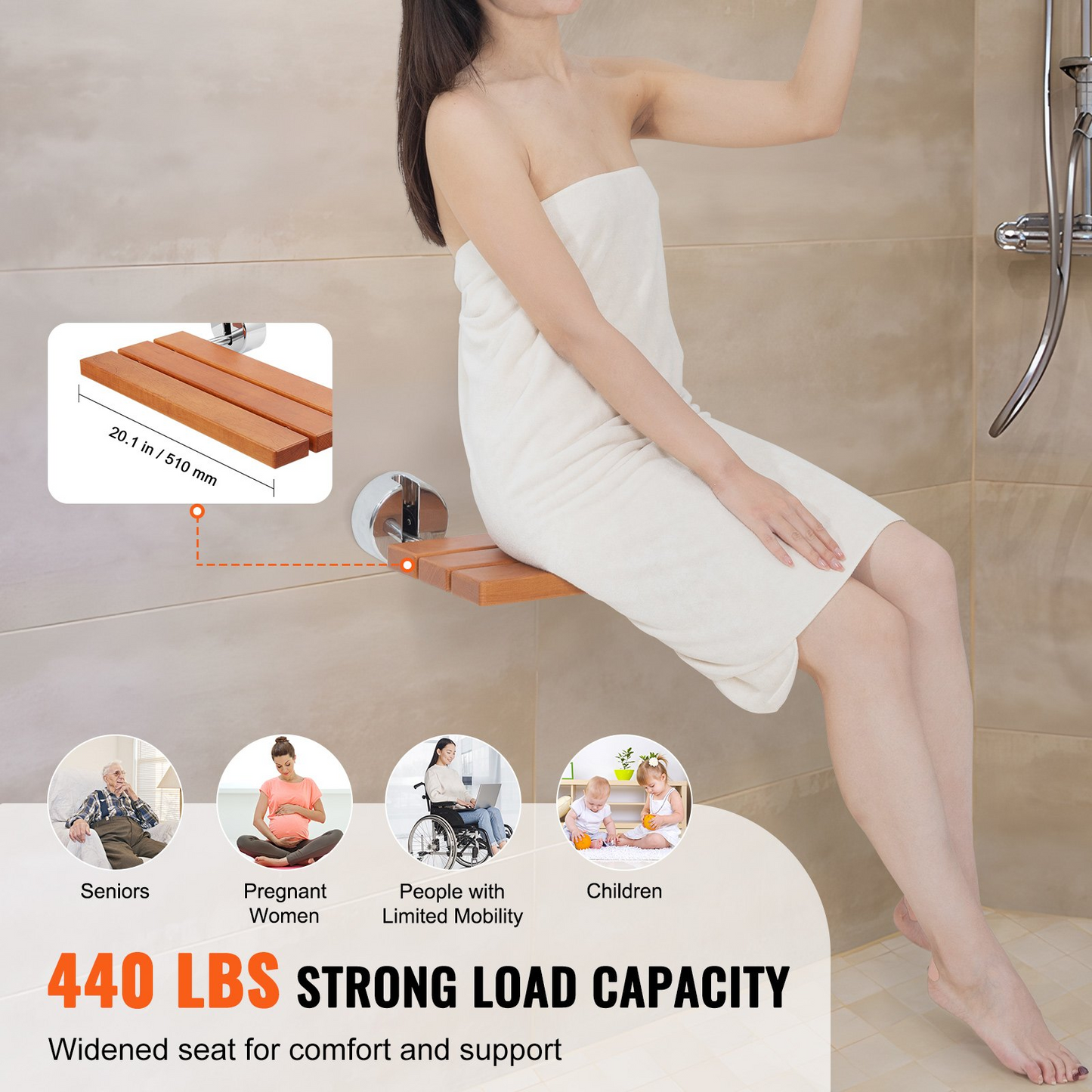 VEVOR Folding Teak Shower Seat - Premium, Space-Saving Shower Bench for Comfort and Safety