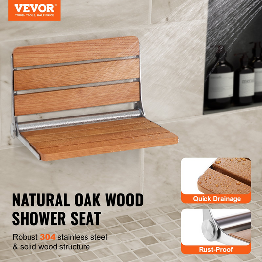 VEVOR Wall Mounted Folding Oak Shower Seat - Space-Saving Fold-Up Bench with High Load Capacity and Waterproof Design, Ideal for All Ages