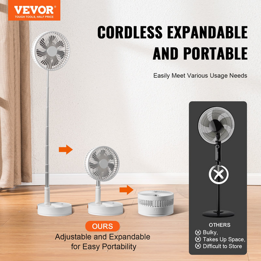 VEVOR 8 Inch Foldable Oscillating Standing Fan - Portable, Rechargeable & Remote Controlled for Home, Office, and Travel