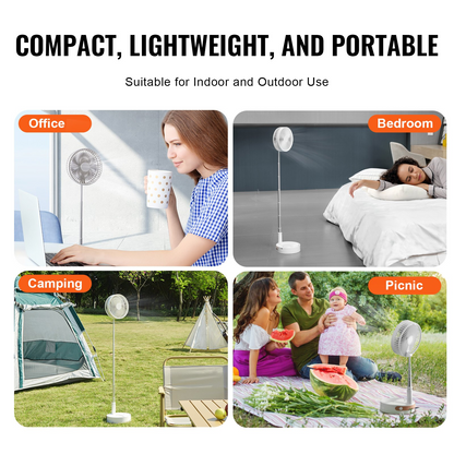 VEVOR 8 Inch Foldable Oscillating Standing Fan - Portable, Rechargeable & Remote Controlled for Home, Office, and Travel