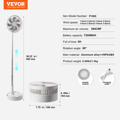 VEVOR 8 Inch Foldable Oscillating Standing Fan - Portable, Rechargeable & Remote Controlled for Home, Office, and Travel