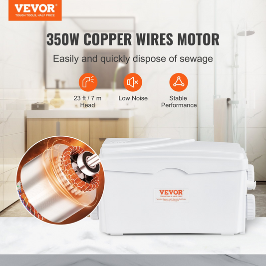 VEVOR Macerator Pump - 350W Motor, 6000 L/h Flow Rate, IP68 Waterproof, 3-Inlet Design for Basement, Kitchen, Shower, Laundry Waste Water Disposal