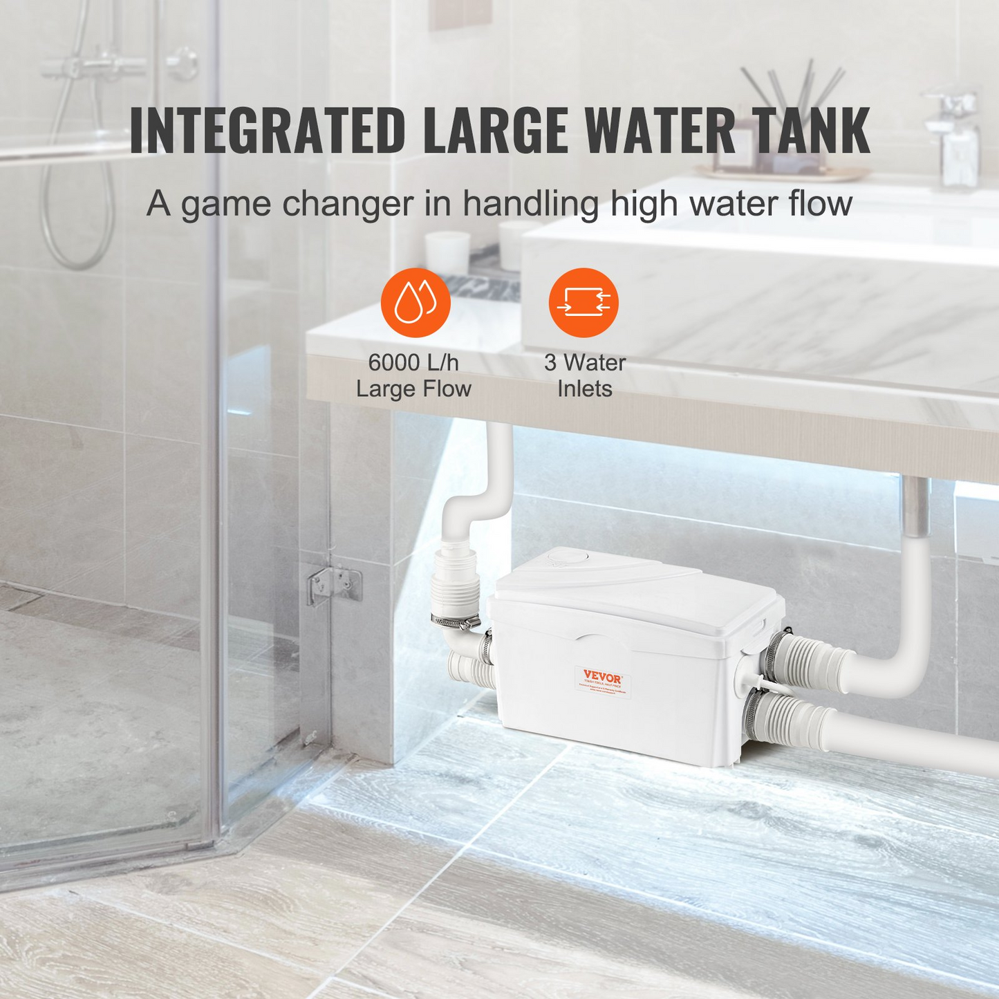 VEVOR Macerator Pump - 350W Motor, 6000 L/h Flow Rate, IP68 Waterproof, 3-Inlet Design for Basement, Kitchen, Shower, Laundry Waste Water Disposal