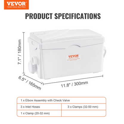 VEVOR Macerator Pump - 350W Motor, 6000 L/h Flow Rate, IP68 Waterproof, 3-Inlet Design for Basement, Kitchen, Shower, Laundry Waste Water Disposal