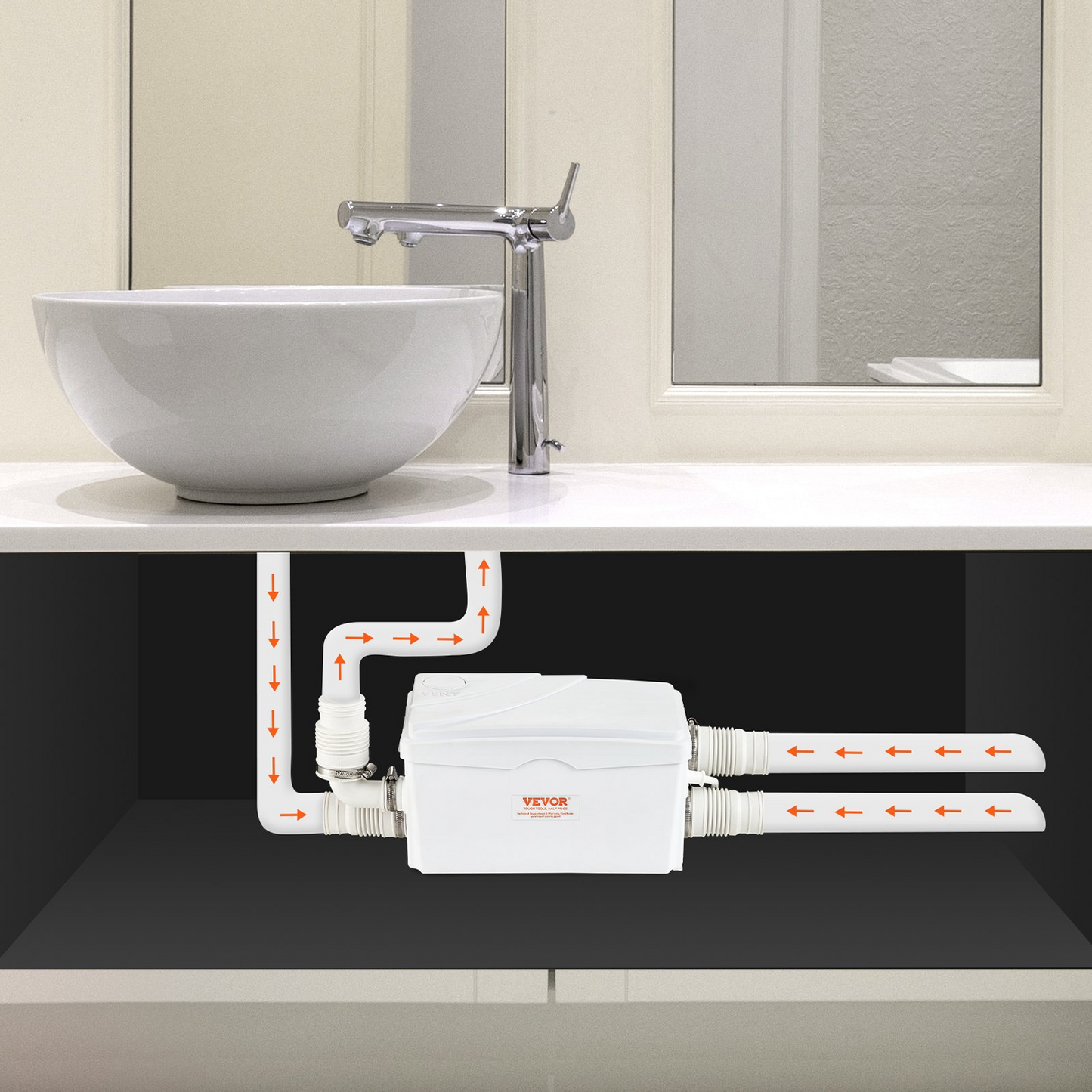 VEVOR Macerator Pump - 350W Motor, 6000 L/h Flow Rate, IP68 Waterproof, 3-Inlet Design for Basement, Kitchen, Shower, Laundry Waste Water Disposal