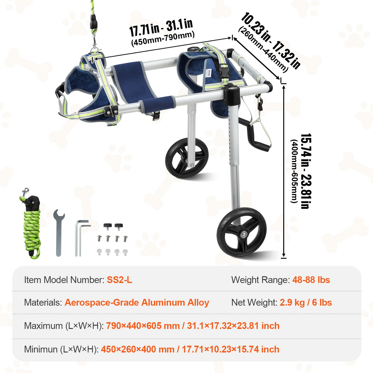 VEVOR 2 Wheels Dog Wheelchair for Back Legs | Lightweight & Adjustable Pet Wheelchair