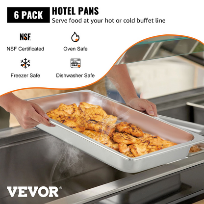 Hotel Pans Full Size 6 Pack set, 2.5 Inch Deep - Stainless Steel Steam Table Pans for Catering & Buffet