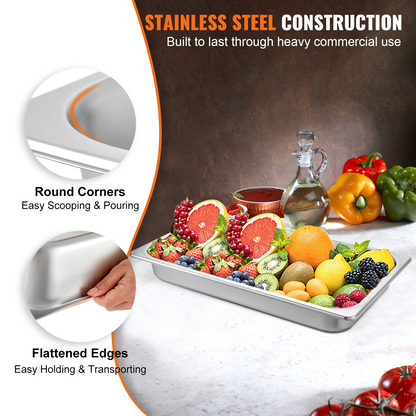 Hotel Pans Full Size 6 Pack set, 2.5 Inch Deep - Stainless Steel Steam Table Pans for Catering & Buffet