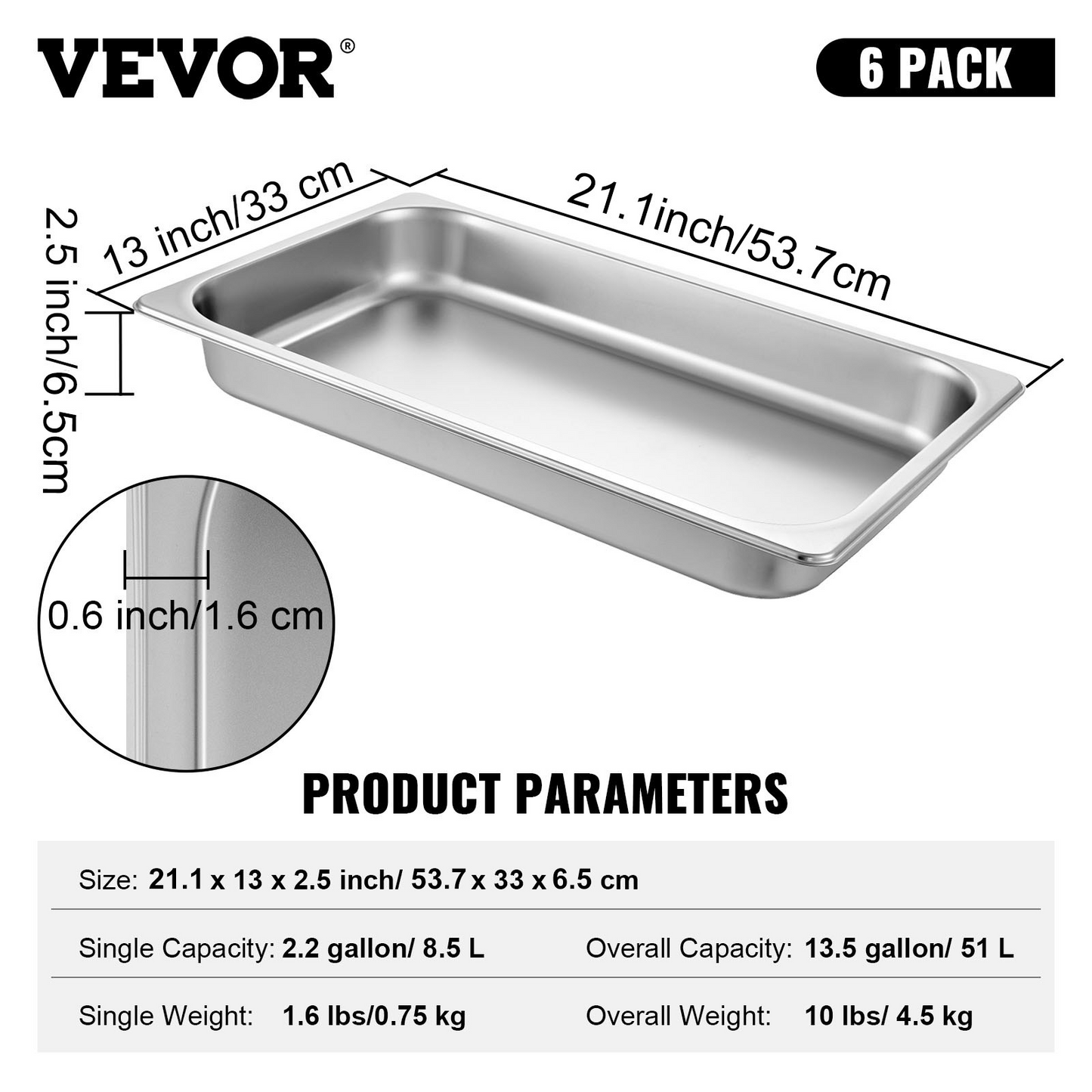 Hotel Pans Full Size 6 Pack set, 2.5 Inch Deep - Stainless Steel Steam Table Pans for Catering & Buffet