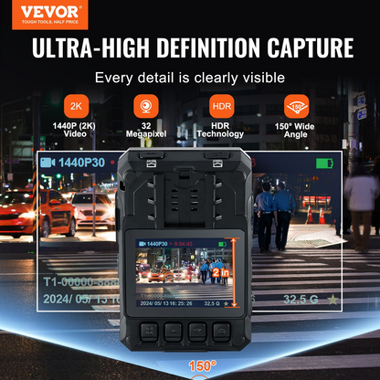 VEVOR 1440P HD Police Body Camera | Built-in 64GB Memory | Infrared Night Vision