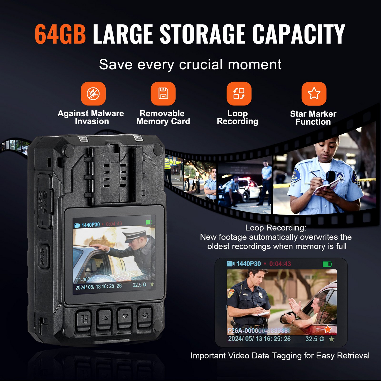 VEVOR 1440P HD Police Body Camera | Built-in 64GB Memory | Infrared Night Vision