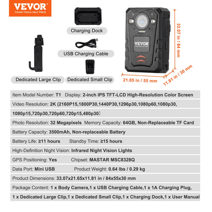 VEVOR 1440P HD Police Body Camera | Built-in 64GB Memory | Infrared Night Vision