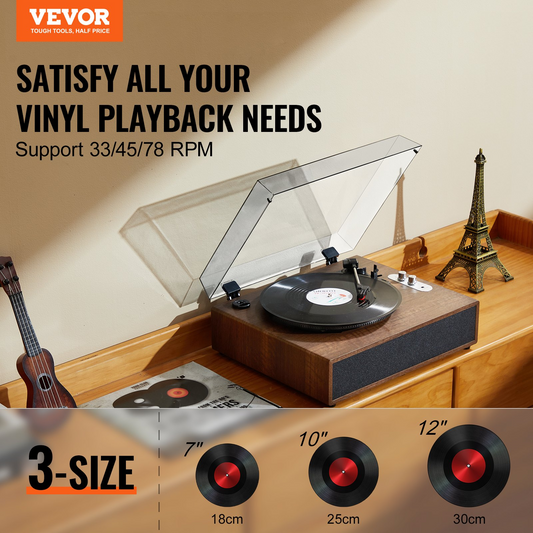 VEVOR Vinyl Record Player - 3-Speed Turntable with 10W Stereo Speakers, Magnetic Cartridge, Bluetooth, Aux & RCA Outputs, Supports 7/10/12 inch Records