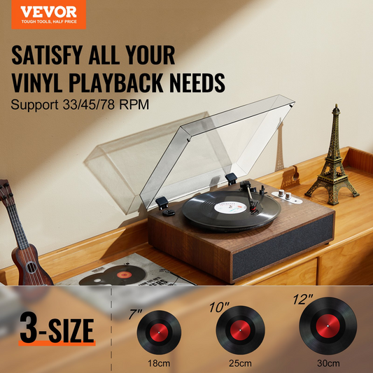 VEVOR Vinyl Record Player - 3-Speed Turntable with Stereo Speakers, Magnetic Cartridge, Bluetooth, Aux, RCA, Supports 7/10/12 inch Records