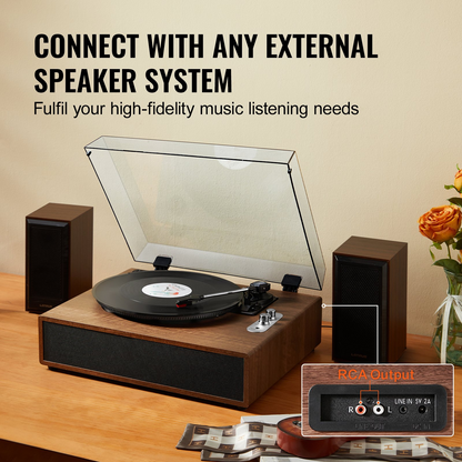 VEVOR Vinyl Record Player - 3-Speed Turntable with 10W Stereo Speakers, Magnetic Cartridge, Bluetooth, Aux & RCA Outputs, Supports 7/10/12 inch Records