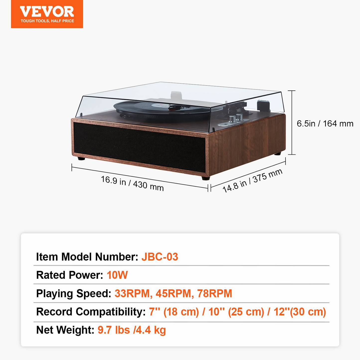 VEVOR Vinyl Record Player - 3-Speed Turntable with 10W Stereo Speakers, Magnetic Cartridge, Bluetooth, Aux & RCA Outputs, Supports 7/10/12 inch Records