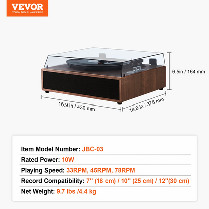 VEVOR Vinyl Record Player - 3-Speed Turntable with 10W Stereo Speakers, Magnetic Cartridge, Bluetooth, Aux & RCA Outputs, Supports 7/10/12 inch Records