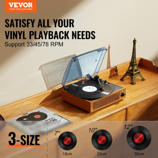 VEVOR 3-Speed Vinyl Record Player - Bluetooth Turntable with Built-in 3W Speaker, Magnetic Cartridge, and RCA Outputs - Ideal for 33/45/78 RPM Vinyl Records