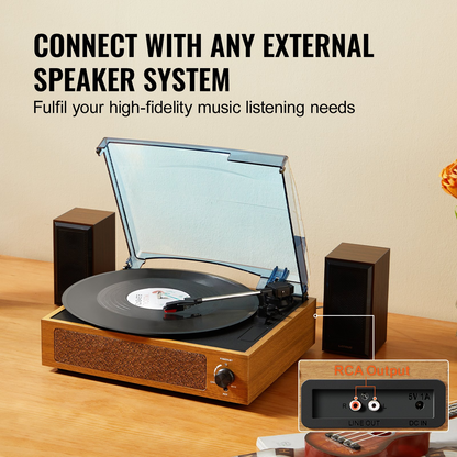 VEVOR 3-Speed Vinyl Record Player - Bluetooth Turntable with Built-in 3W Speaker, Magnetic Cartridge, and RCA Outputs - Ideal for 33/45/78 RPM Vinyl Records