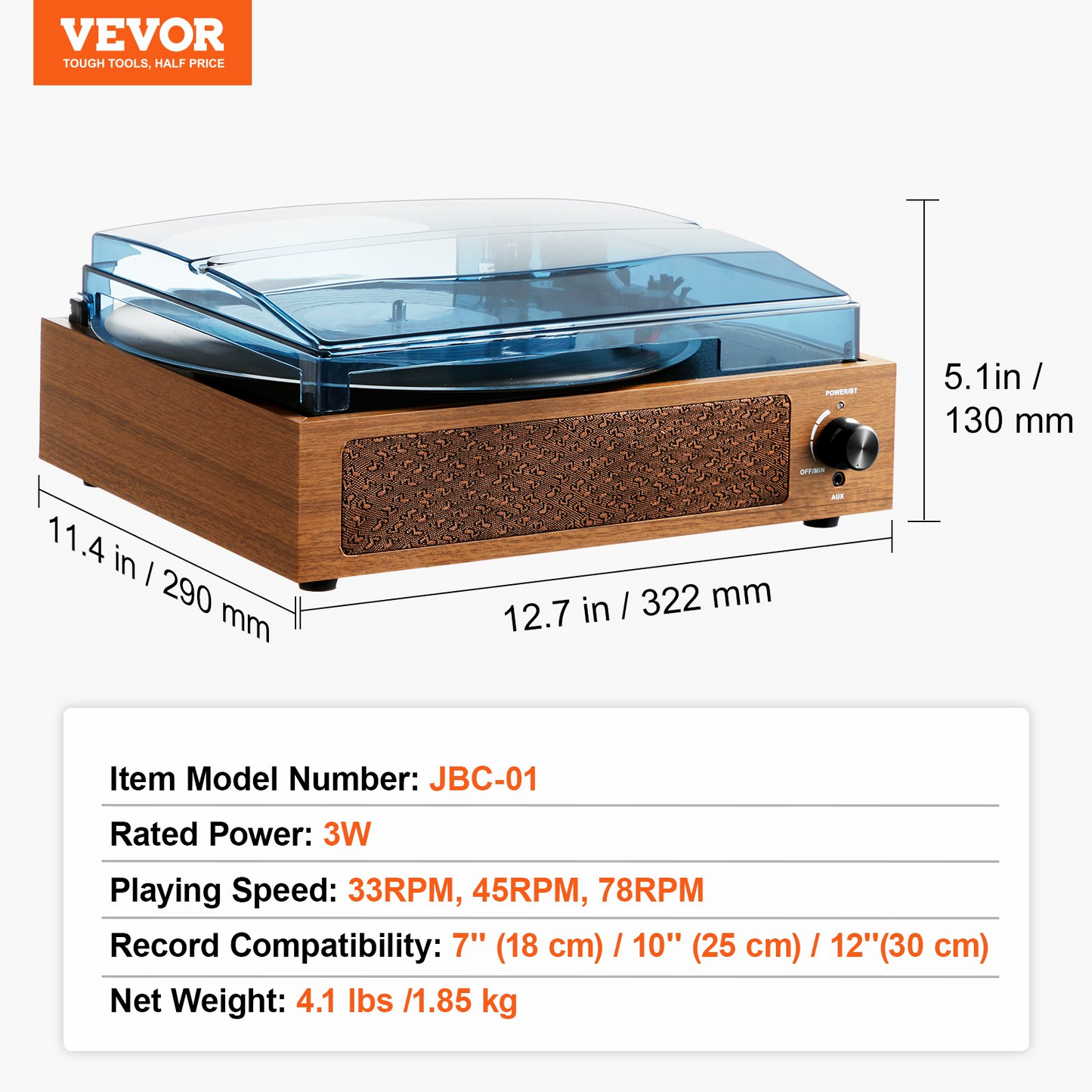 VEVOR 3-Speed Vinyl Record Player - Bluetooth Turntable with Built-in 3W Speaker, Magnetic Cartridge, and RCA Outputs - Ideal for 33/45/78 RPM Vinyl Records