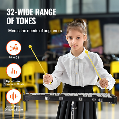 VEVOR 32 Note Glockenspiel Xylophone Bell Kit with Stand, Mallets, Drum Sticks & Carrying Bag – Professional Percussion Instrument for Students & Adults