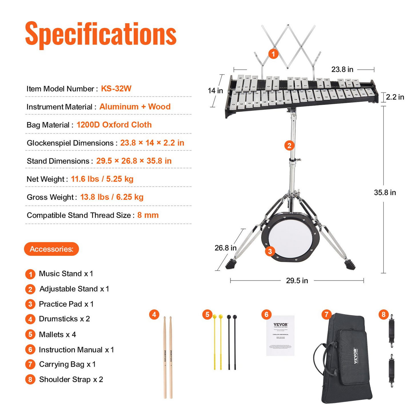 VEVOR 32 Note Glockenspiel Xylophone Bell Kit with Stand, Mallets, Drum Sticks & Carrying Bag – Professional Percussion Instrument for Students & Adults
