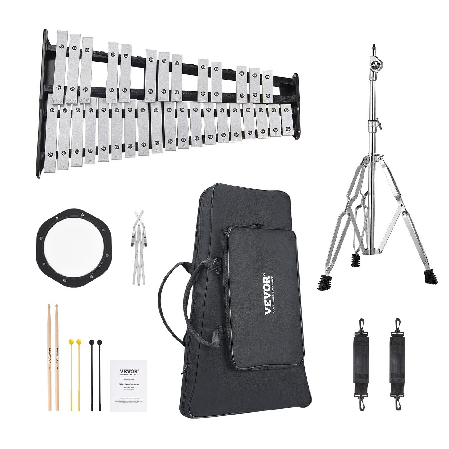 VEVOR 32 Note Glockenspiel Xylophone Bell Kit with Stand, Mallets, Drum Sticks & Carrying Bag – Professional Percussion Instrument for Students & Adults