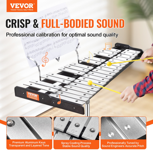 VEVOR 30 Note Glockenspiel Xylophone Bell Kit - Complete Percussion Instrument Set with Mallets, Drum Sticks, Music Stand, Practice Pad, Adjustable Stand & Carrying Bag