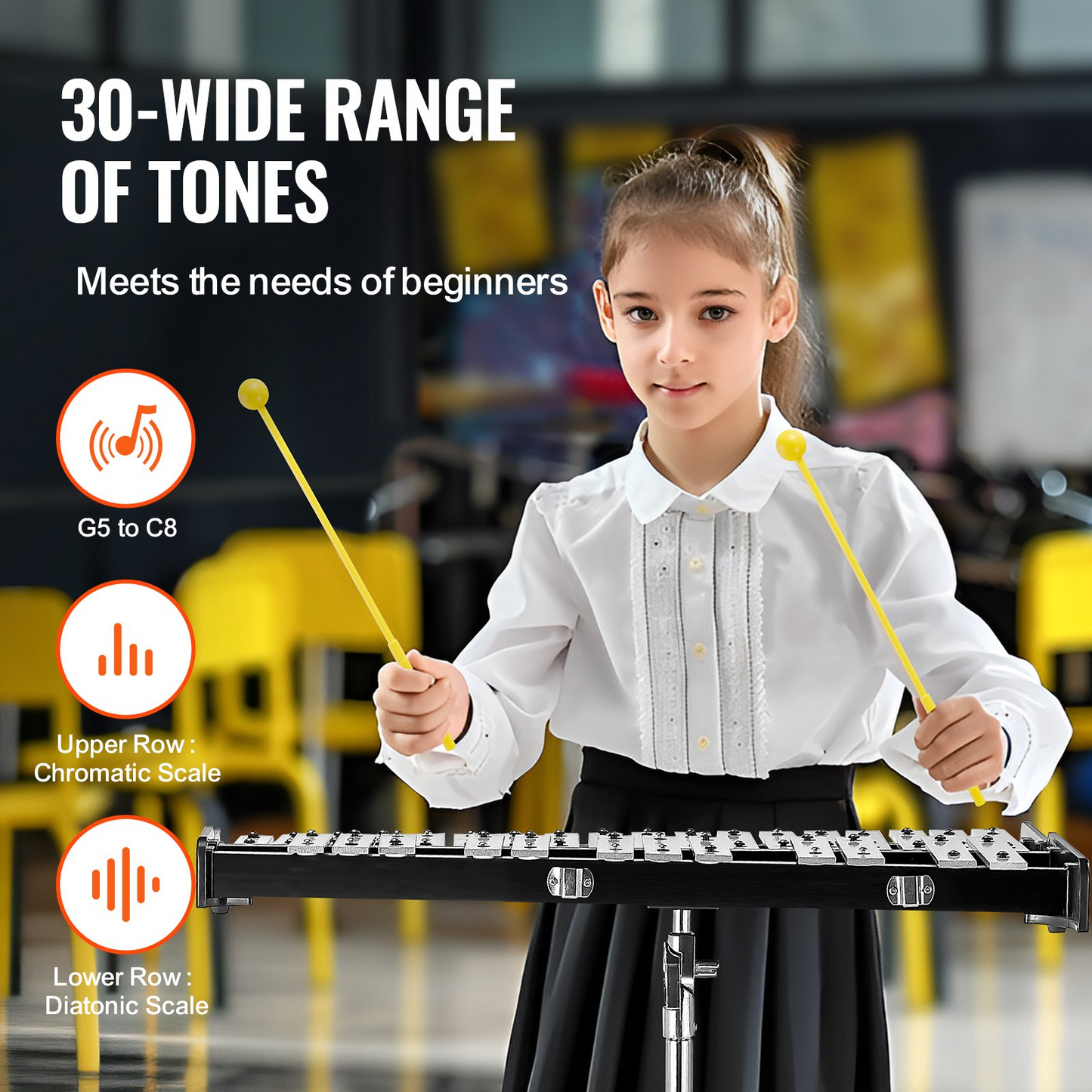 VEVOR 30 Note Glockenspiel Xylophone Bell Kit - Complete Percussion Instrument Set with Mallets, Drum Sticks, Music Stand, Practice Pad, Adjustable Stand & Carrying Bag