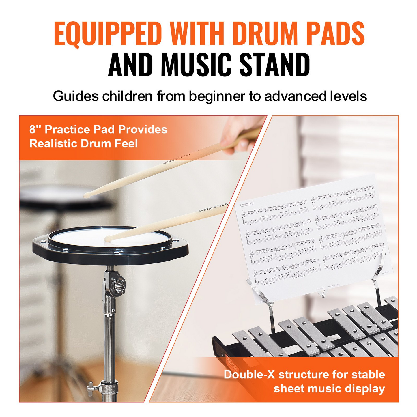 VEVOR 30 Note Glockenspiel Xylophone Bell Kit - Complete Percussion Instrument Set with Mallets, Drum Sticks, Music Stand, Practice Pad, Adjustable Stand & Carrying Bag