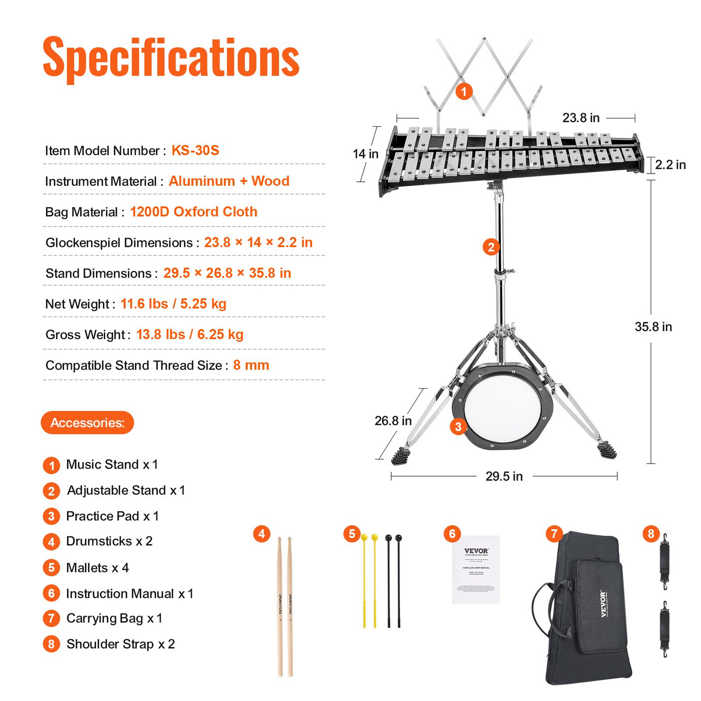 VEVOR 30 Note Glockenspiel Xylophone Bell Kit - Complete Percussion Instrument Set with Mallets, Drum Sticks, Music Stand, Practice Pad, Adjustable Stand & Carrying Bag