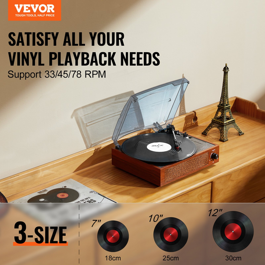 VEVOR 3-Speed Vinyl Record Player, Belt Driven Turntable with Built-in 10W Stereo Speakers, Magnetic Cartridge, Bluetooth, Aux in RCA Output, for 7/10/12 in Vinyl Records