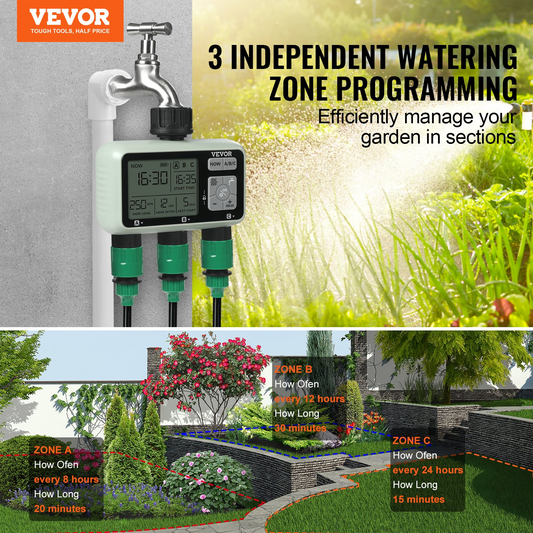 VEVOR Water Timer with 3 Independent Zones, LCD Display, Rain Delay & Manual Mode | IPX6 Waterproof | Brass Inlet & Metal Filter for Yard & Garden Watering