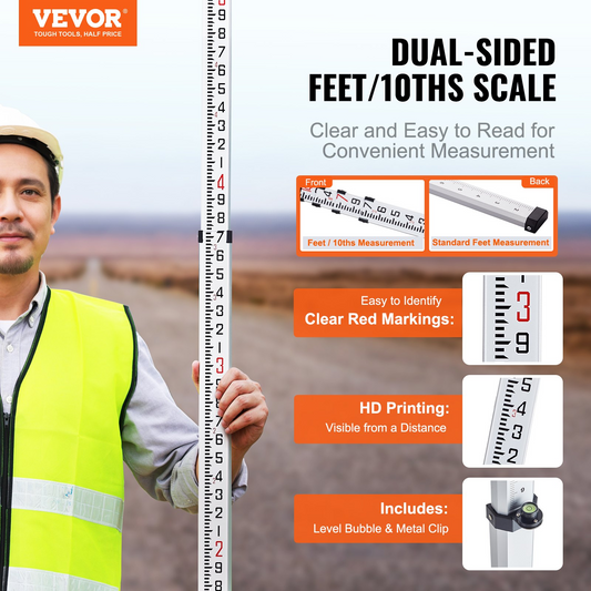 VEVOR 14-Feet Aluminum Grade Rod - 6 Sections Telescopic Measuring Rod with Double-Sided Scale & Bubble Level