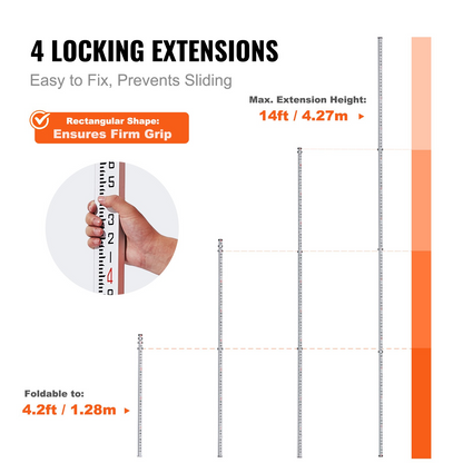 VEVOR 14-Feet Aluminum Grade Rod - 6 Sections Telescopic Measuring Rod with Double-Sided Scale & Bubble Level