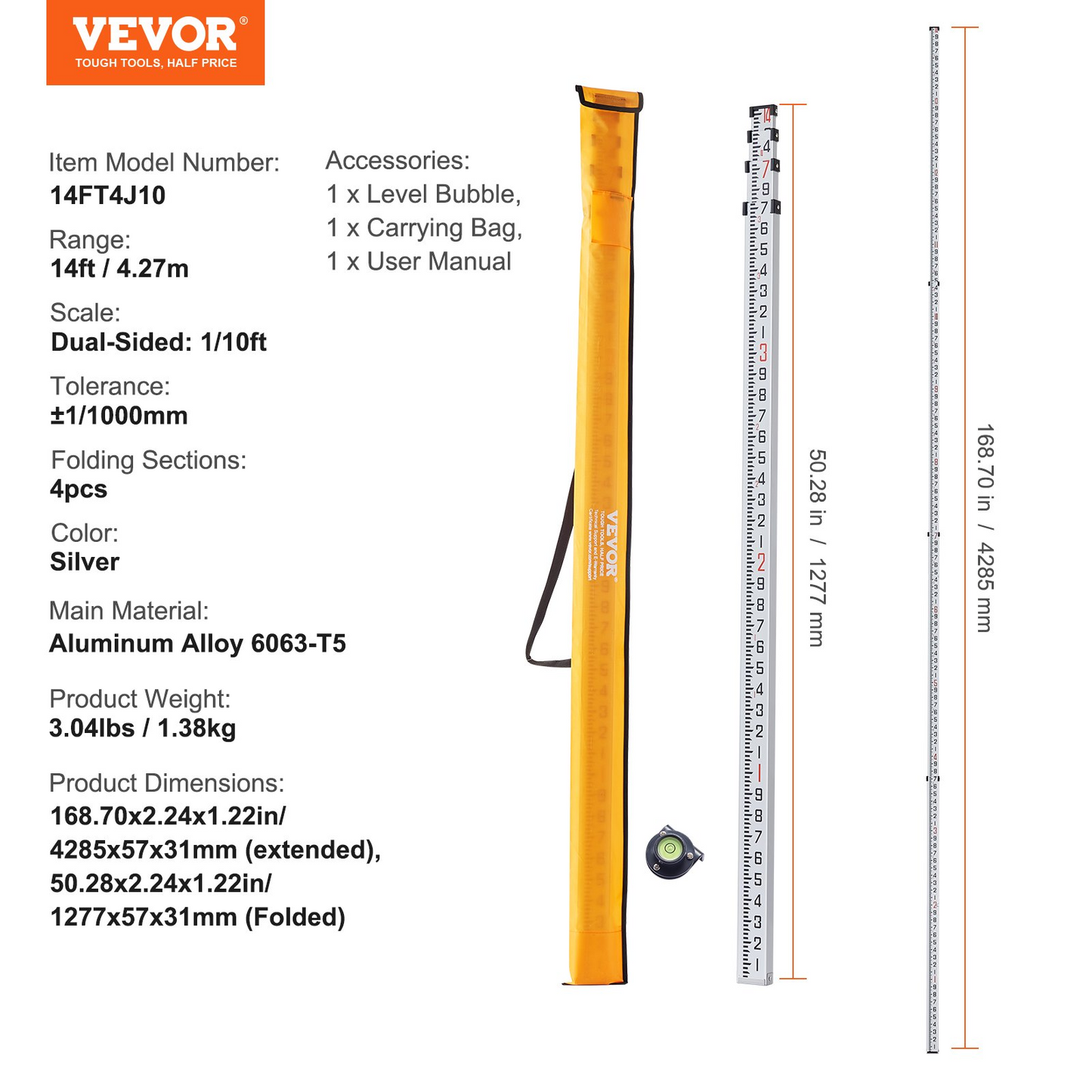 VEVOR 14-Feet Aluminum Grade Rod - 6 Sections Telescopic Measuring Rod with Double-Sided Scale & Bubble Level