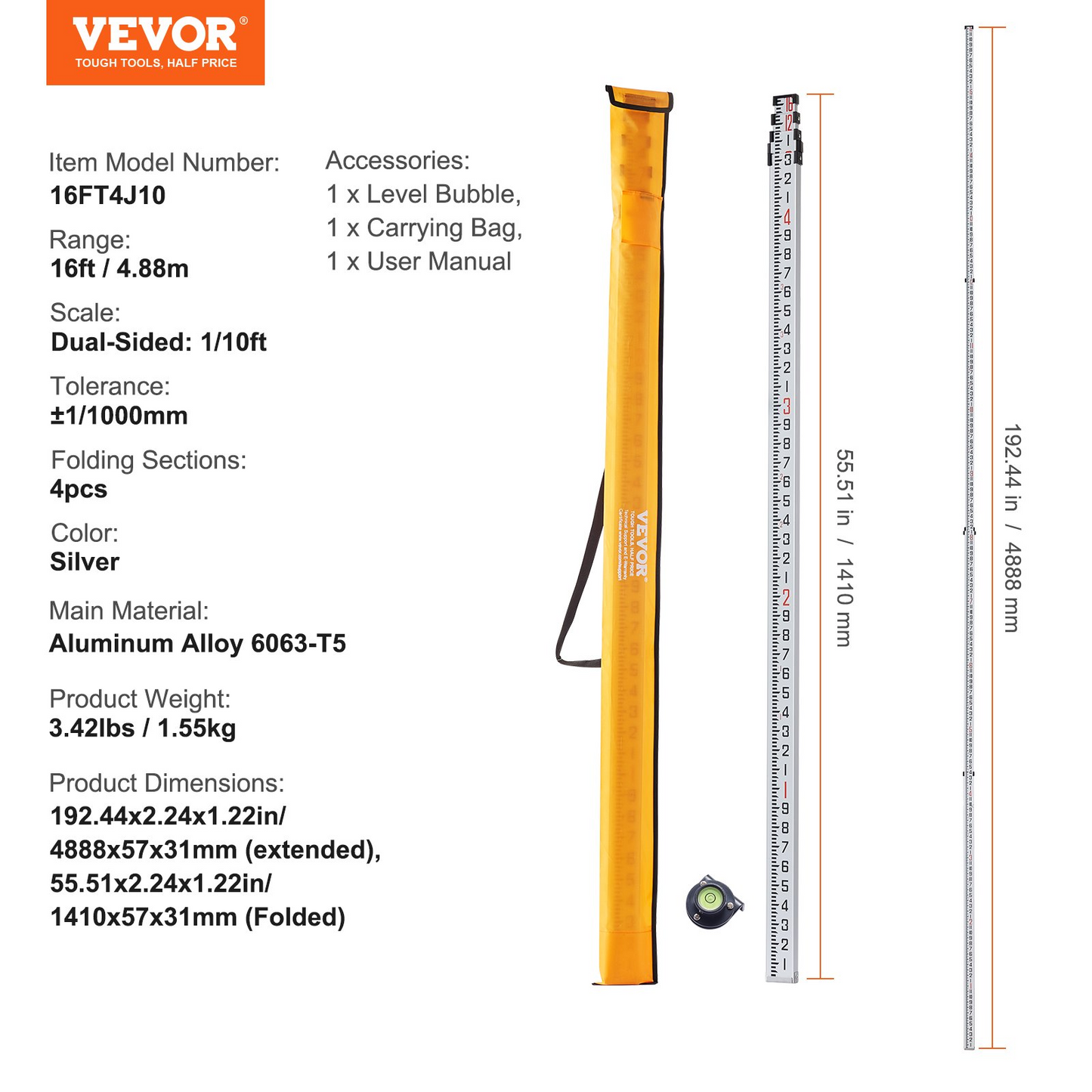 VEVOR 16-Foot Aluminum Grade Rod with Bubble Level & Carrying Bag – High-Precision Telescopic Measuring Survey Rod with Double-Sided Scale for Houses, Walls, Floors