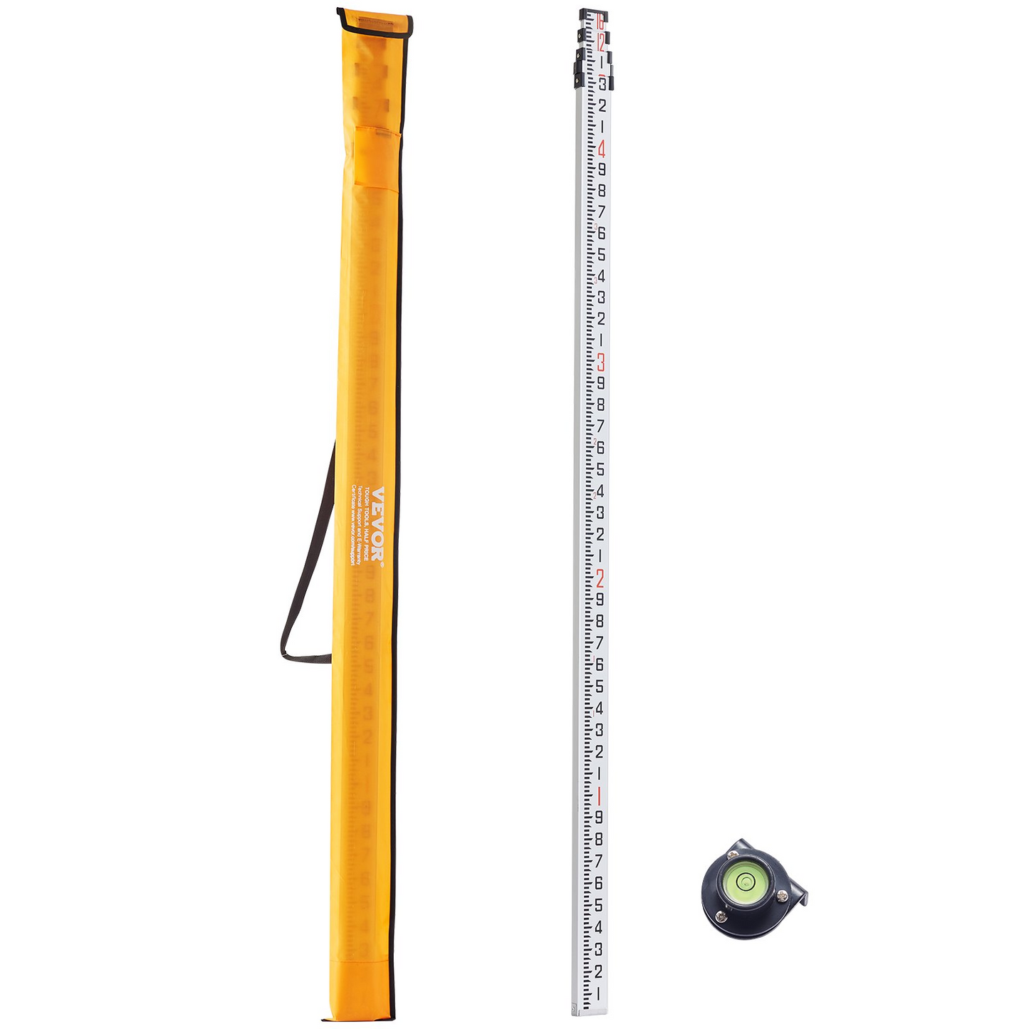 VEVOR 16-Foot Aluminum Grade Rod with Bubble Level & Carrying Bag – High-Precision Telescopic Measuring Survey Rod with Double-Sided Scale for Houses, Walls, Floors