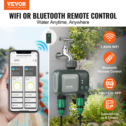 VEVOR WiFi Sprinkler Timer with Dual Outlets - Smart Control, Alexa & Google Assistant Compatible, IPX6 Waterproof, Brass Inlet for Yard Irrigation