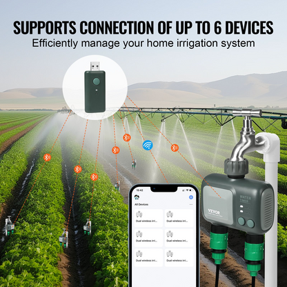 VEVOR WiFi Sprinkler Timer with Dual Outlets - Smart Control, Alexa & Google Assistant Compatible, IPX6 Waterproof, Brass Inlet for Yard Irrigation