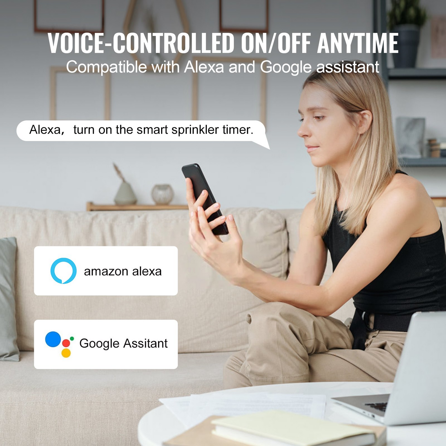 VEVOR WiFi Sprinkler Timer with Dual Outlets - Smart Control, Alexa & Google Assistant Compatible, IPX6 Waterproof, Brass Inlet for Yard Irrigation