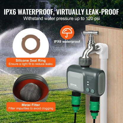 VEVOR WiFi Sprinkler Timer with Dual Outlets - Smart Control, Alexa & Google Assistant Compatible, IPX6 Waterproof, Brass Inlet for Yard Irrigation
