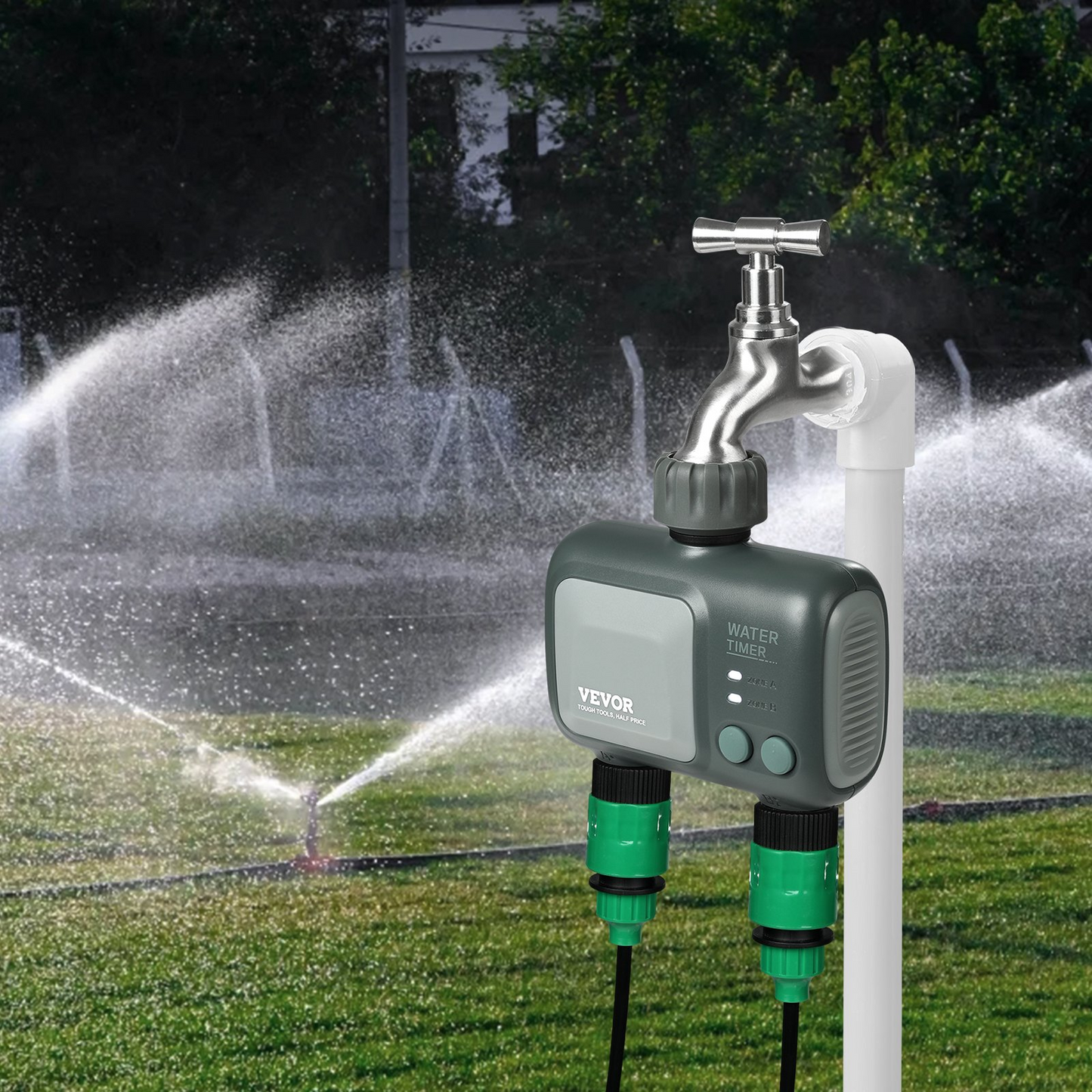 VEVOR WiFi Sprinkler Timer with Dual Outlets - Smart Control, Alexa & Google Assistant Compatible, IPX6 Waterproof, Brass Inlet for Yard Irrigation